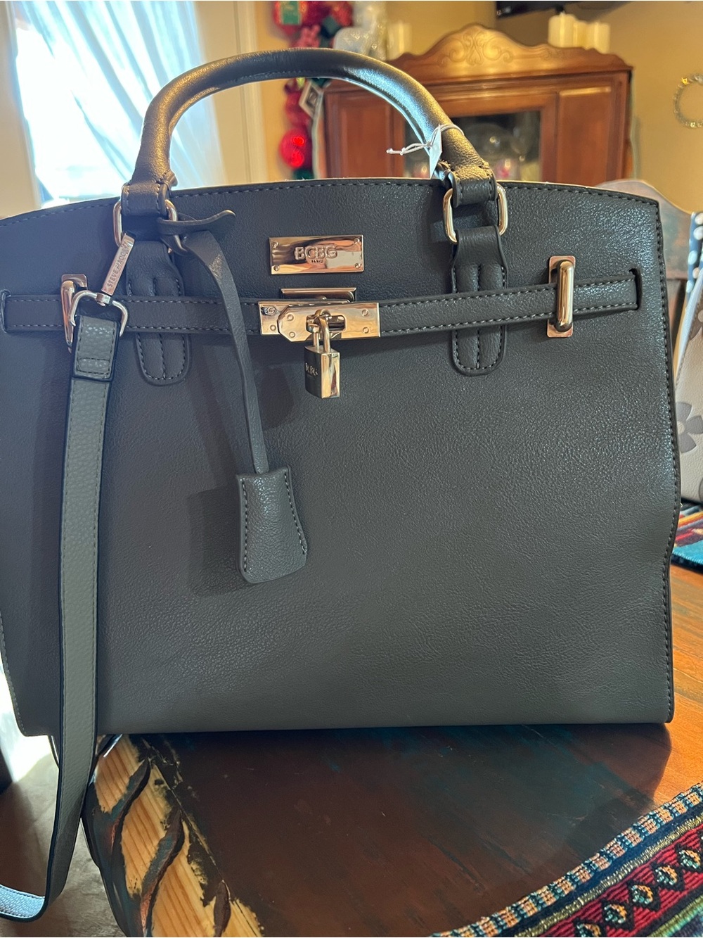 BCBG Olive Green Satchel with Top Handle and Padlock Accent